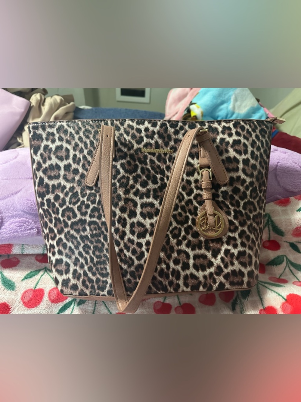 Montana West Leopard Print Tote with Tan Trim and Gold Charm